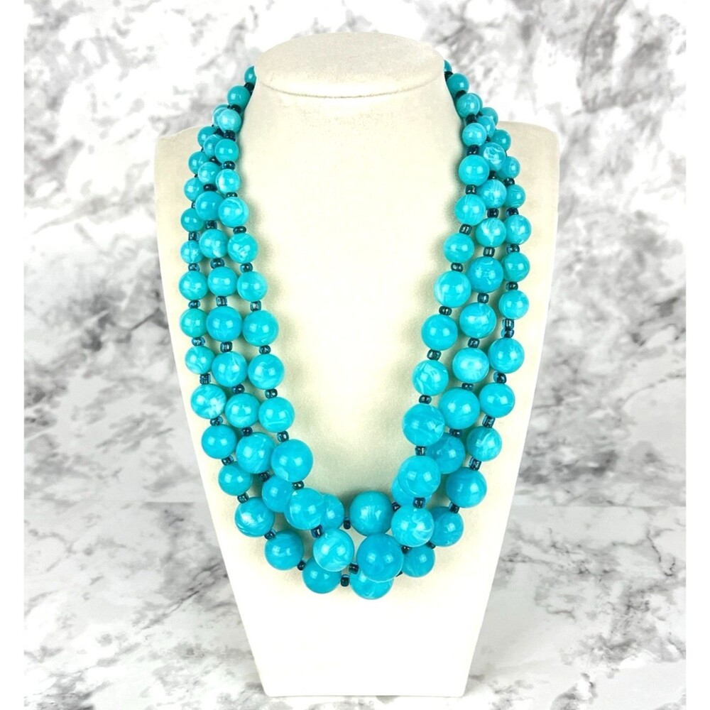 Chunky Triple Strand Turquoise Acrylic Beaded Statement Necklace MCM Retro 8in
